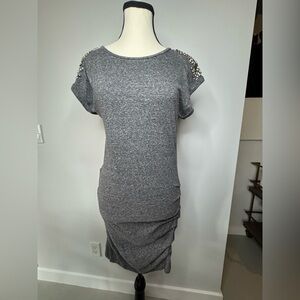 Maje Grey Jersey Dress – Embellished Shoulders, Size 1